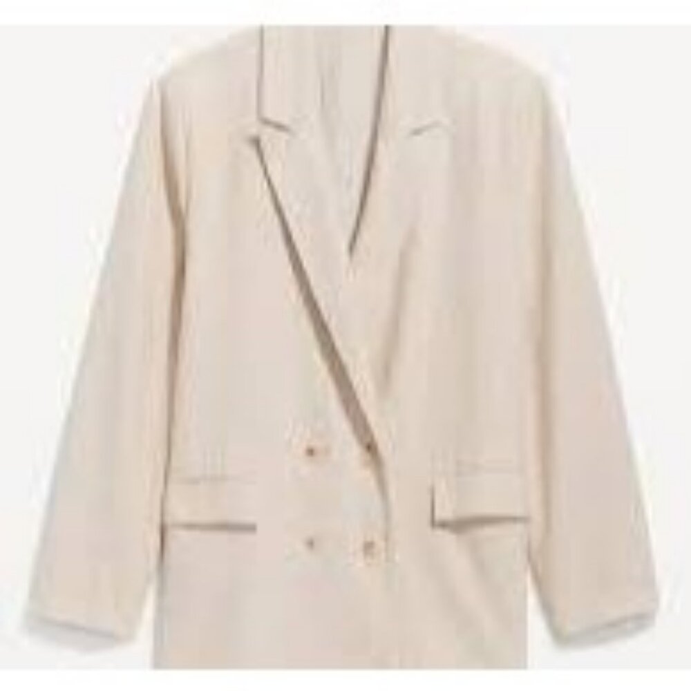 NEW Old Navy Womens 2X Double-Breasted Linen-Blend Blazer Beige Lightweight